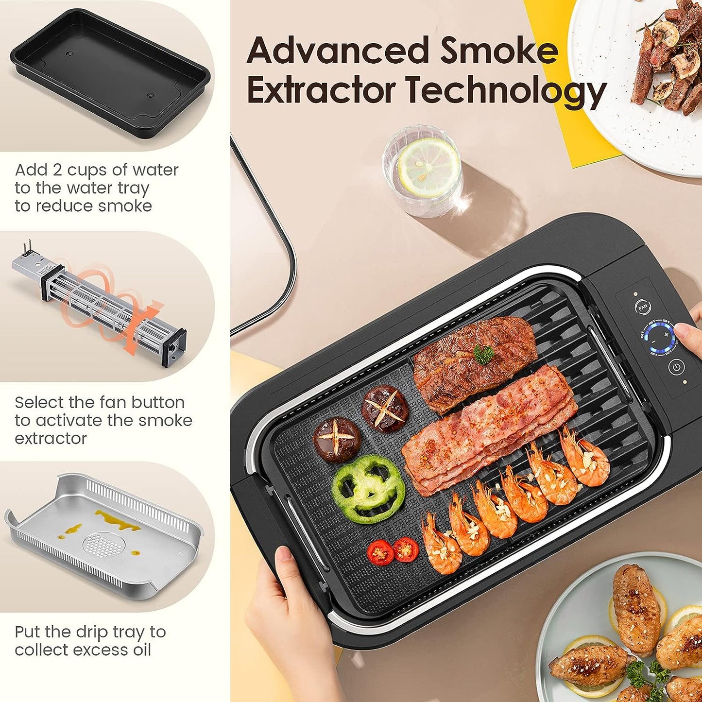 Smokeless Indoor Grill-Electric Grill with Tempered Glass Lid