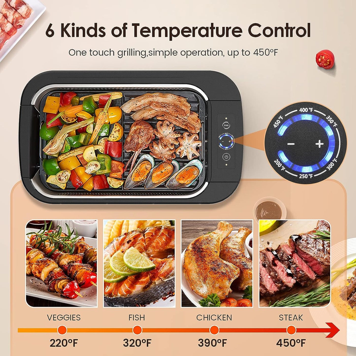 Smokeless Indoor Grill-Electric Grill with Tempered Glass Lid