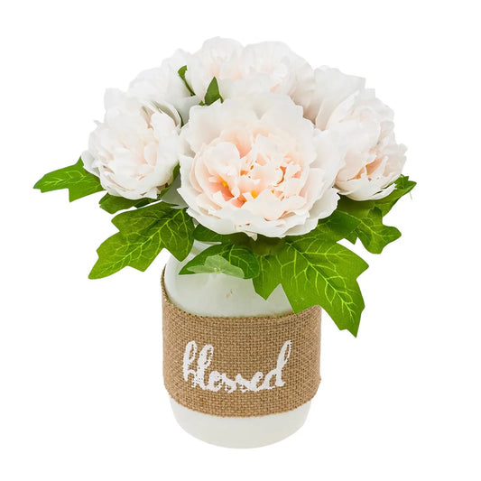 Artificial Flower Pink Roses, White Mason Jar Planter, 9"