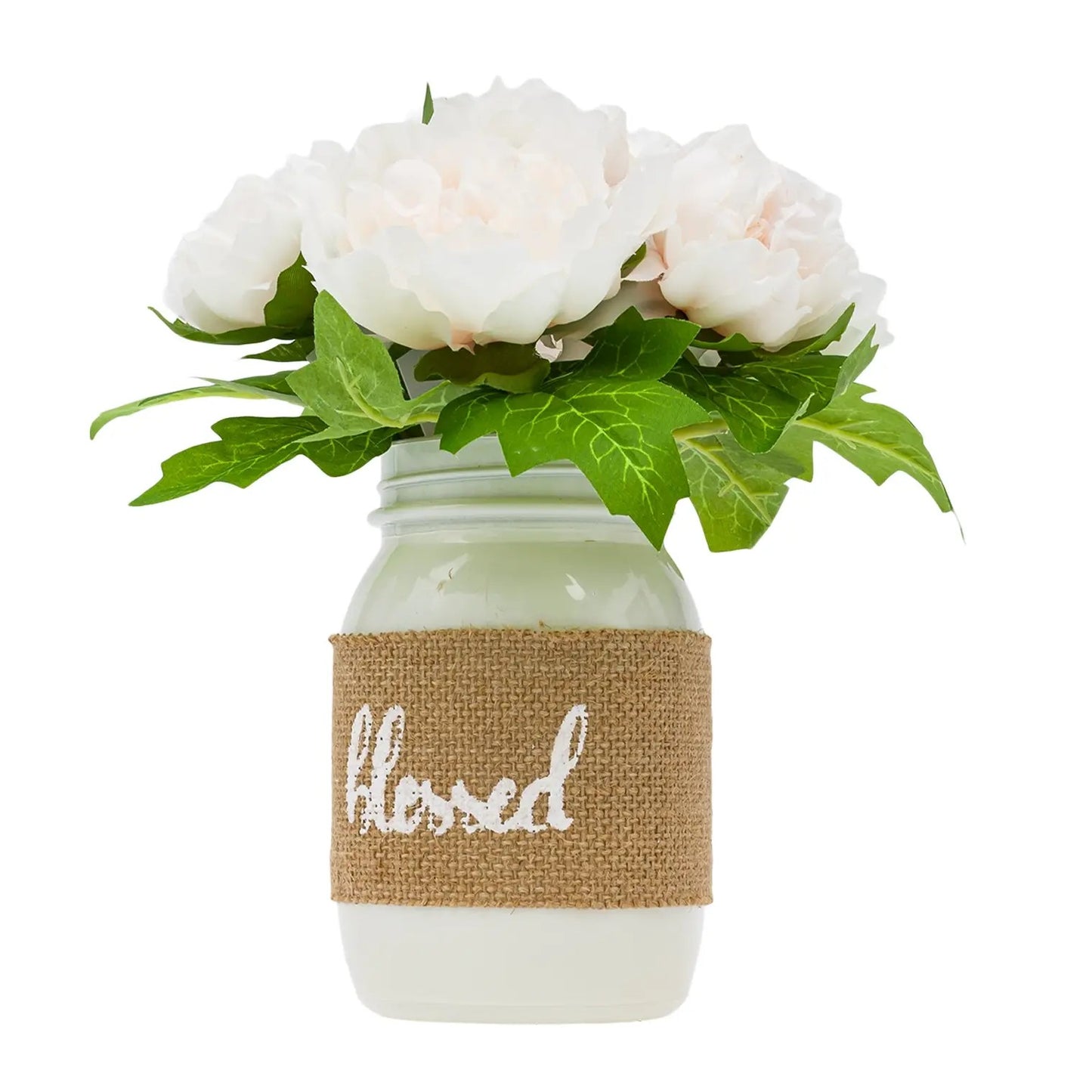 Artificial Flower Pink Roses, White Mason Jar Planter, 9"