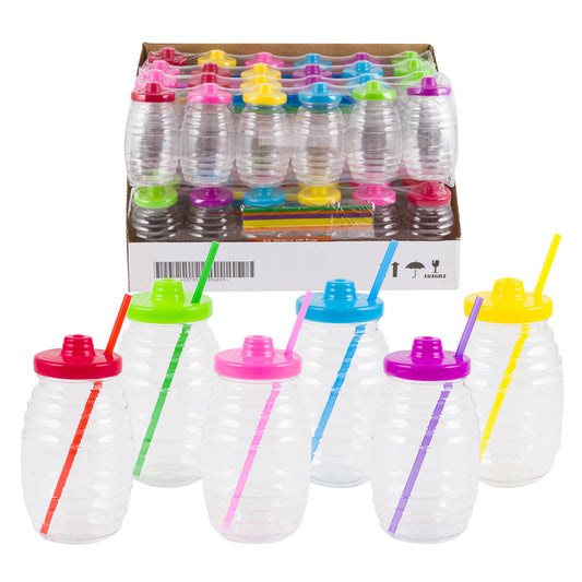 Clear Plastic Bottles with Lids and Straws, Colorful Caps, 6 Pack, Reusable Drink Containers Small Personal Vitroleros Aguas Frescas 89680
