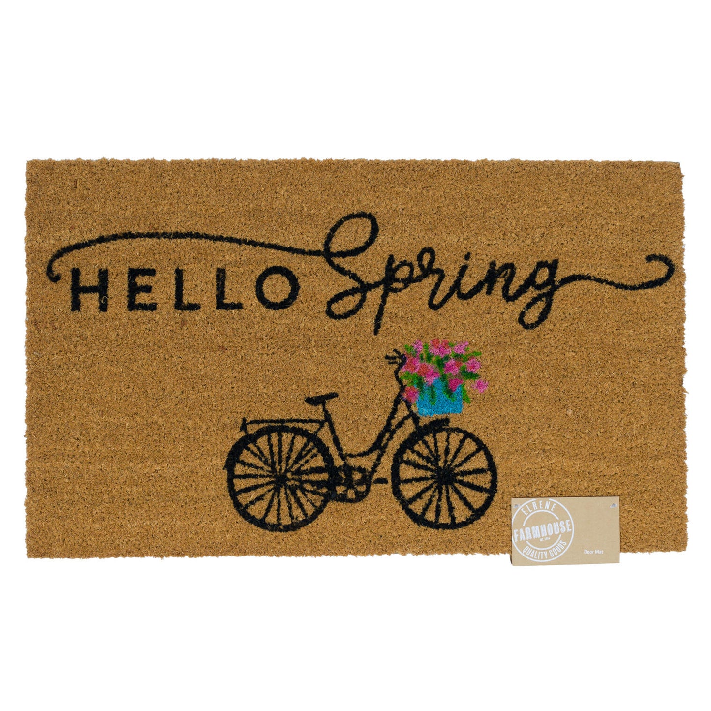 Hello Spring Doormat, Natural Coir, Bicycle with Flowers Design, Outdoor Entrance Mat 18x30in