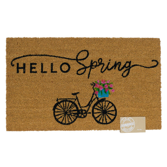 Hello Spring Doormat, Natural Coir, Bicycle with Flowers Design, Outdoor Entrance Mat 18x30in