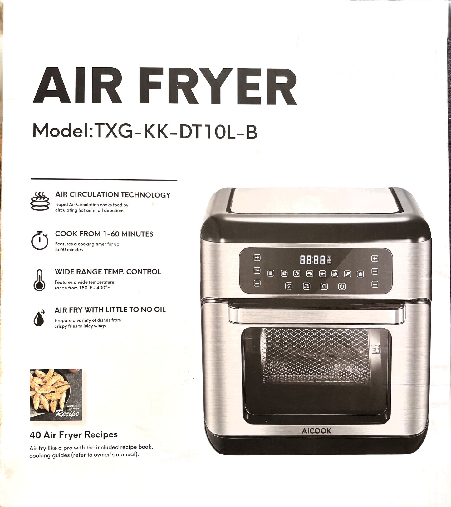 AIR FRYER AICOOK 11qt Air Fryer, 7-in-1 Functions with EvenCrisp Technology that Crisps, Broils, Bakes, Roasts, Dehydrates, Reheats & Rotisseries, Includes over  40 Recipes Book, Stainless Steel