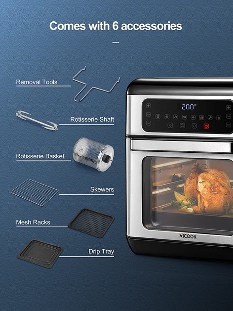 AIR FRYER AICOOK 11qt Air Fryer, 7-in-1 Functions with EvenCrisp Technology that Crisps, Broils, Bakes, Roasts, Dehydrates, Reheats & Rotisseries, Includes over  40 Recipes Book, Stainless Steel