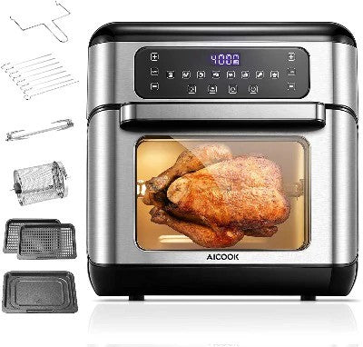 AIR FRYER AICOOK 11qt Air Fryer, 7-in-1 Functions with EvenCrisp Technology that Crisps, Broils, Bakes, Roasts, Dehydrates, Reheats & Rotisseries, Includes over  40 Recipes Book, Stainless Steel