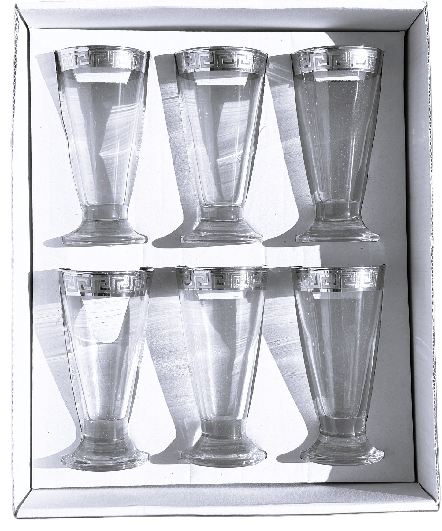 Glass Shot Dessert 2oz Cups with Silver Greek Key Trim, Set of 6, Footed Sundae Glasses