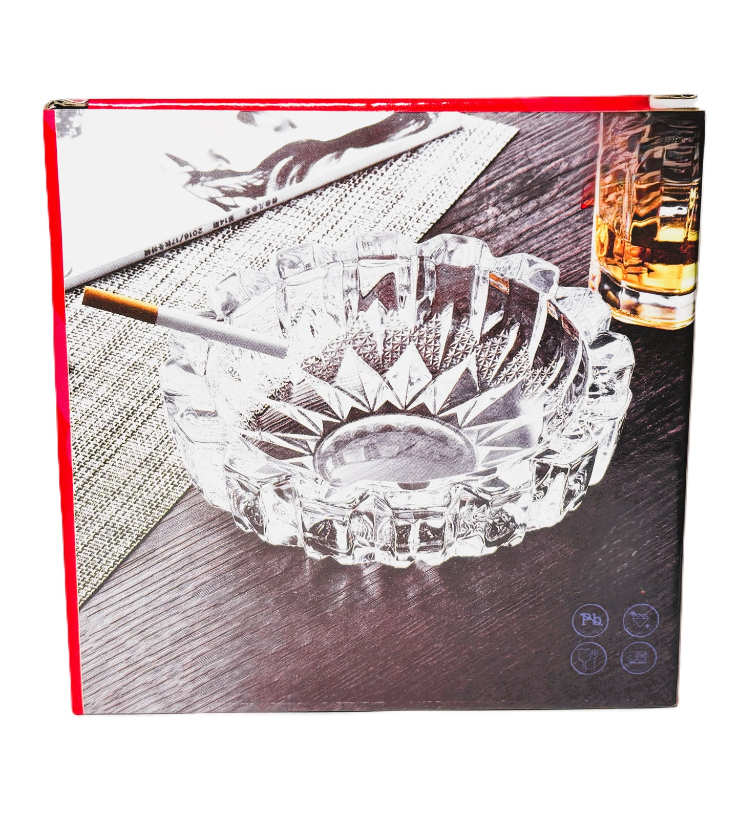 Crystal Glass Ashtray, Clear, Round Shape, Cut Glass Design with Decorative Pattern