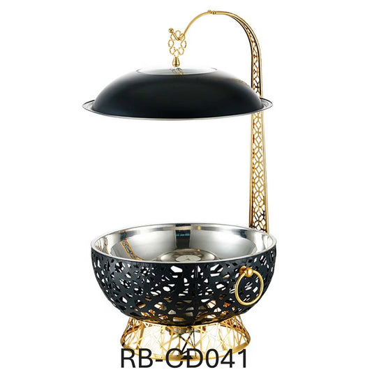 Round Chafing Dish Buffet Set, with Hanging Lid Black Gold Design Stainless Steel Chafing and Buffet Warmers Set for Catering Parties Birthday Wedding