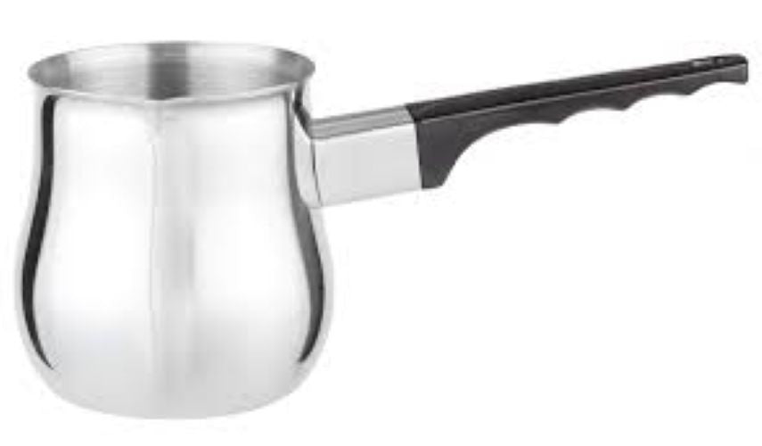Stainless Steel Turkish Coffee Warmer Pot Set with Black Handle, 3 Pieces, 6oz 12oz 24oz, Silver