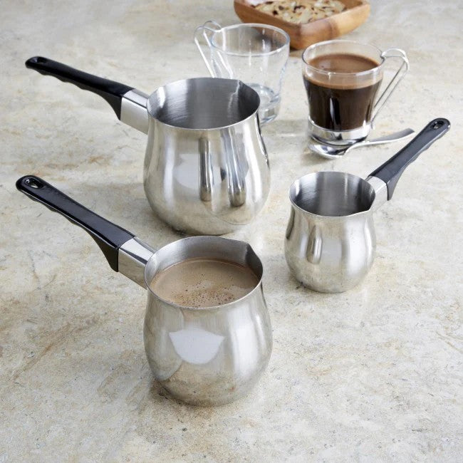 Stainless Steel Turkish Coffee Warmer Pot Set with Black Handle, 3 Pieces, 6oz 12oz 24oz, Silver