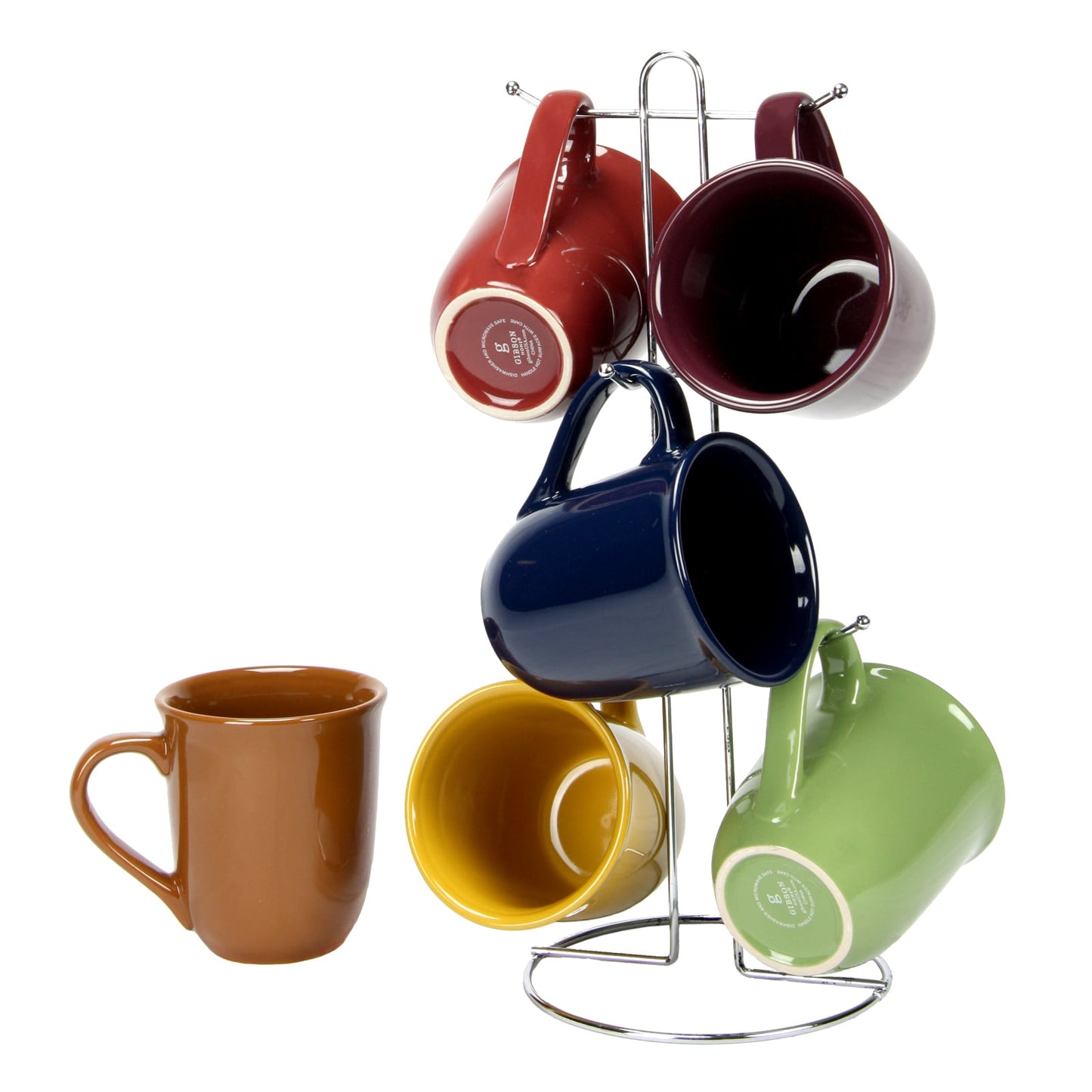 7 PC Gibson Home Everyday Contempo Hues Assorted Ceramic 15-Ounce Mug Set with Rack