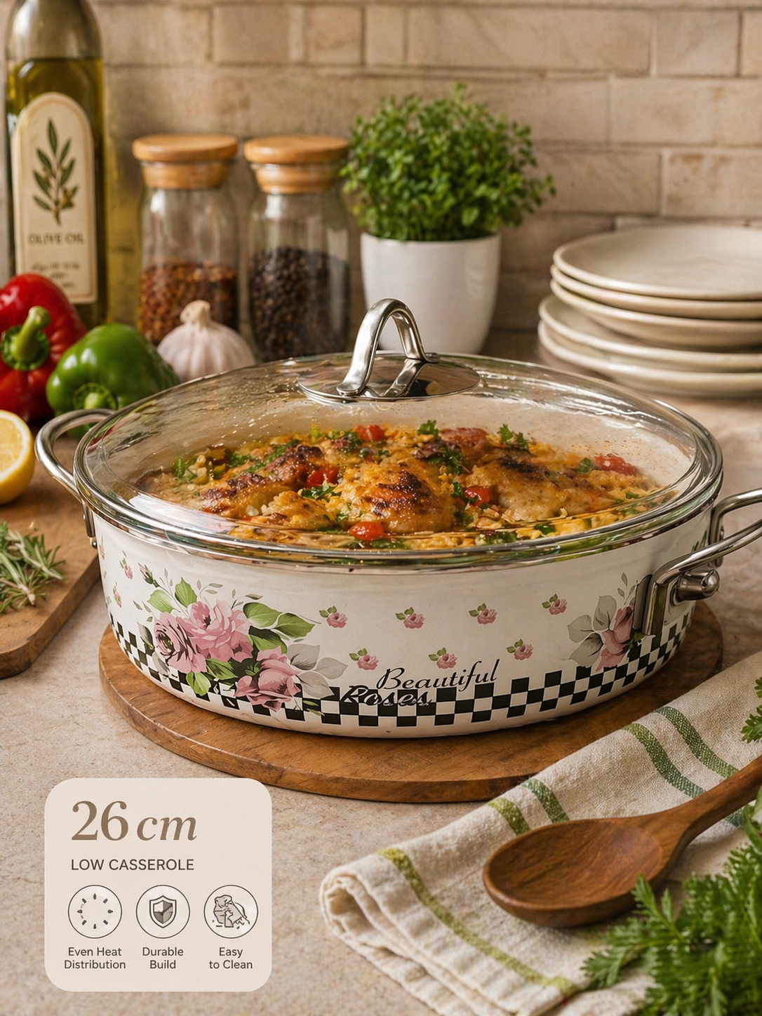 Floral-Checkered Print with Glass Lid 26cm Low Casserole
