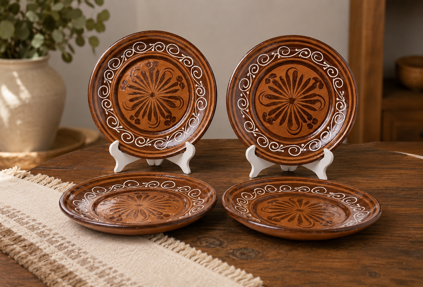 Handcrafted Terracotta Dinner Plate Set Traditional Floral Design (Set of 4) - Juego de Platos de Cena de Terracota Hechos a Mano Diseño Floral Tradicional (Set de 4)