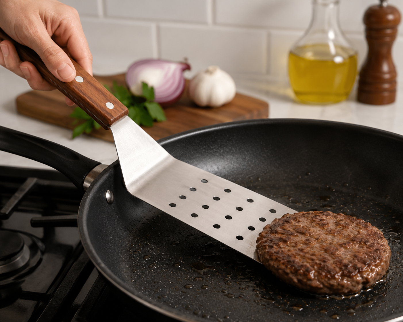 Stainless Steel Grill Spatula with Ergonomic Wooden Grip - 14.8"