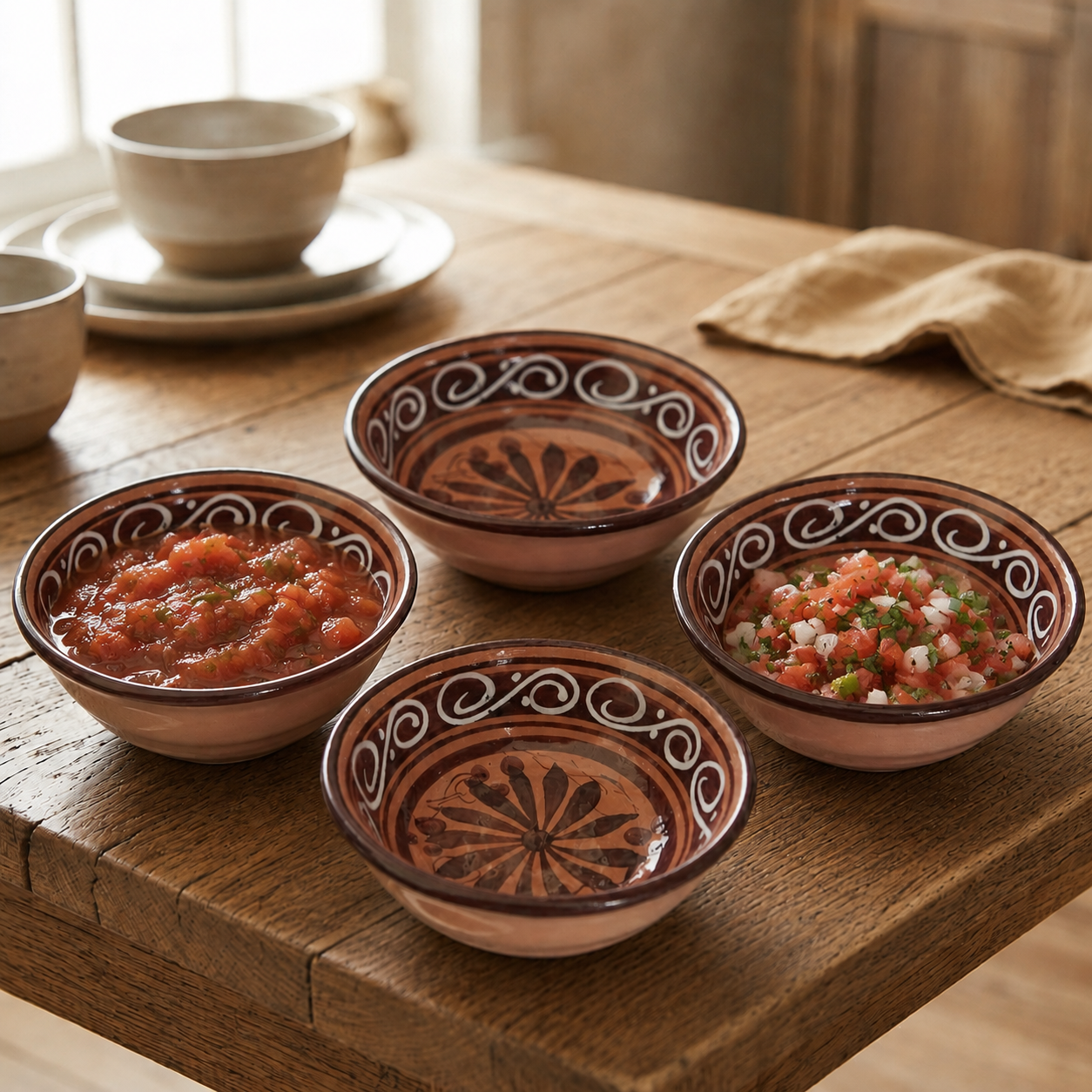 Traditional Mexican-Inspired 17cm Ceramic Bowl Set of 4- Juego de 4 Tazones de Cerámica de 17 cm con Diseño Tradicional Inspirado en México