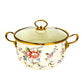BOSHILANG Enamel Stockpot with Glass Lid, Floral Design, Cream with Gold Trim, Two Handles 5.5L Casseroles
