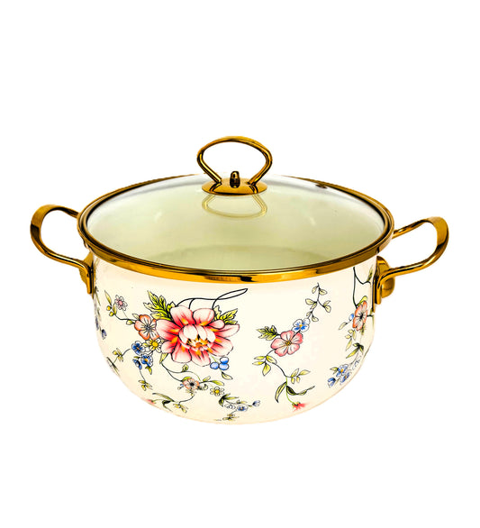BOSHILANG Enamel Stockpot with Glass Lid, Floral Design, Cream with Gold Trim, Two Handles 5.5L Casseroles