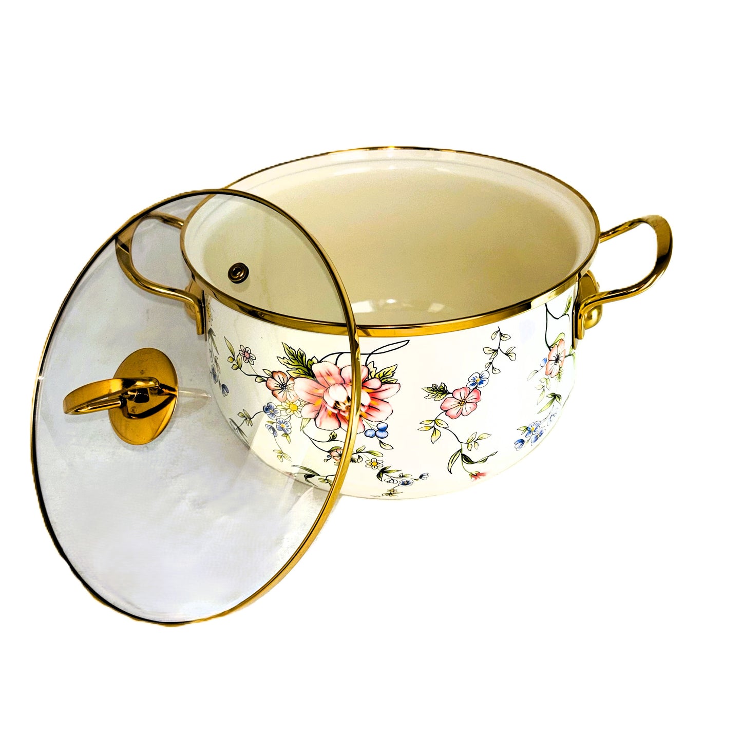 BOSHILANG Enamel Stockpot with Glass Lid, Floral Design, Cream with Gold Trim, Two Handles 5.5L Casseroles