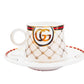 Luxury Porcelain Tea Cup and Saucer Set, GG Logo Design, Gold Accents, White with Pattern, 12 Pieces
