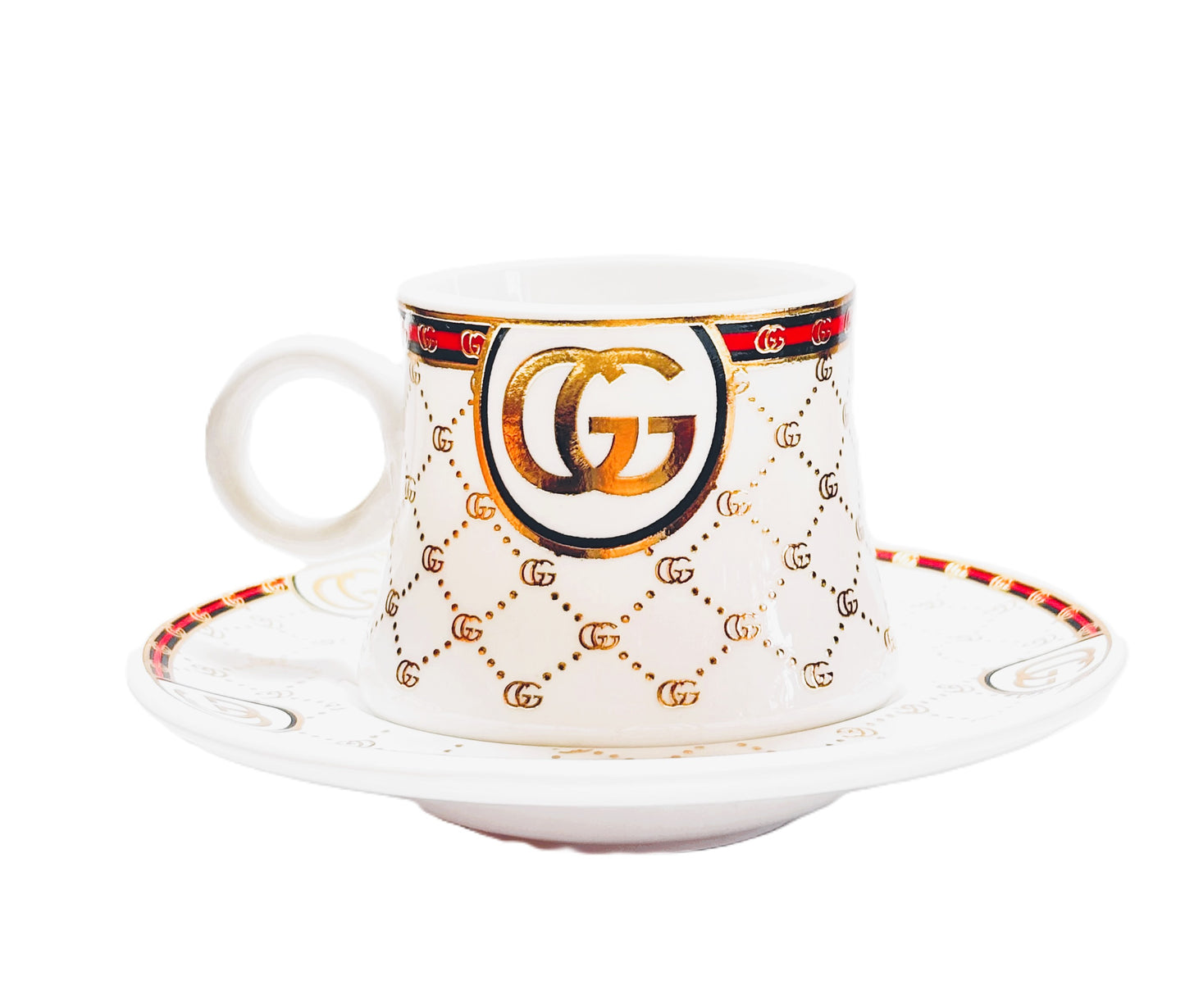 Luxury Porcelain Tea Cup and Saucer Set, GG Logo Design, Gold Accents, White with Pattern, 12 Pieces