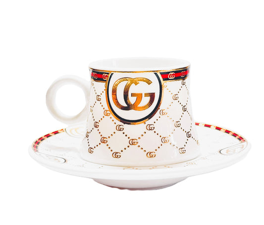 Luxury Porcelain Tea Cup and Saucer Set, GG Logo Design, Gold Accents, White with Pattern, 12 Pieces