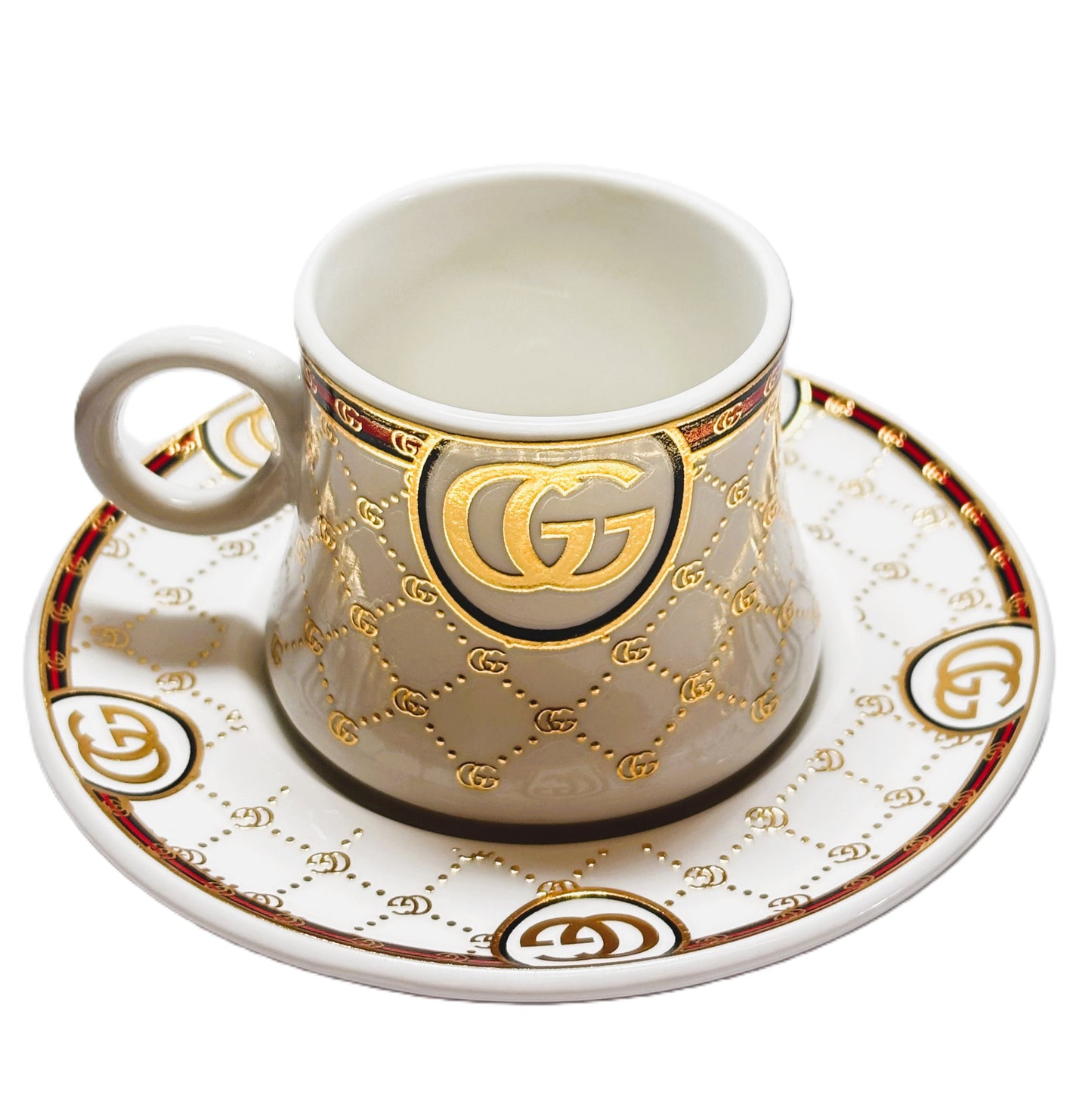 Luxury Porcelain Tea Cup and Saucer Set, GG Logo Design, Gold Accents, White with Pattern, 12 Pieces