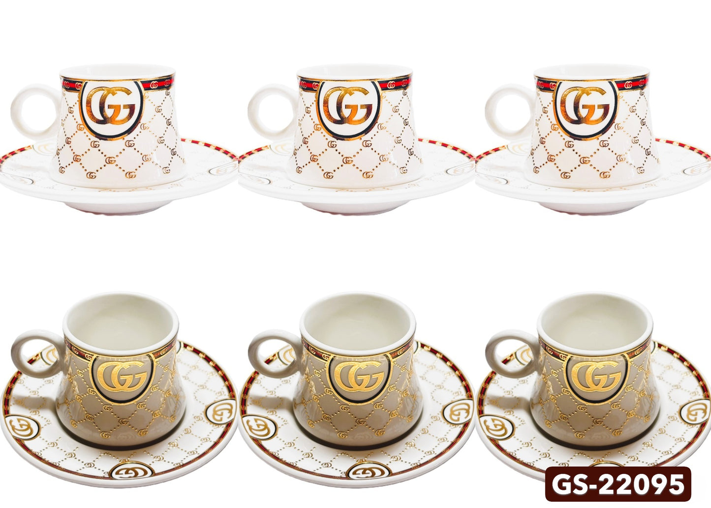 Luxury Porcelain Tea Cup and Saucer Set, GG Logo Design, Gold Accents, White with Pattern, 12 Pieces