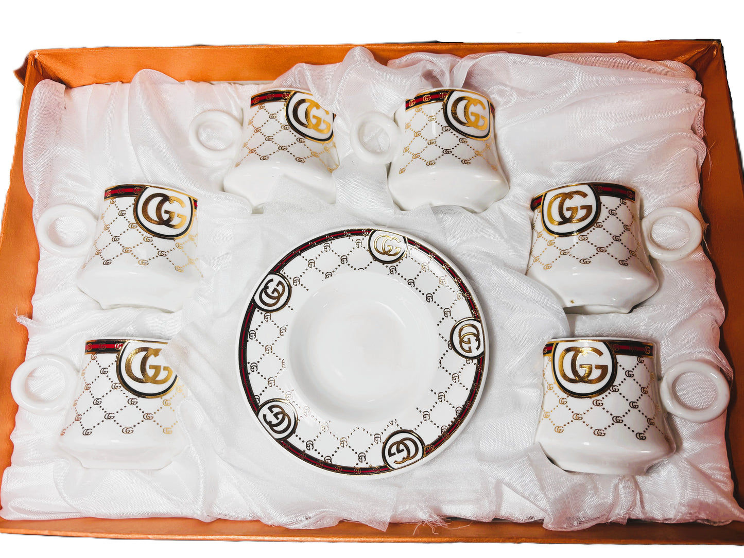 Luxury Porcelain Tea Cup and Saucer Set, GG Logo Design, Gold Accents, White with Pattern, 12 Pieces