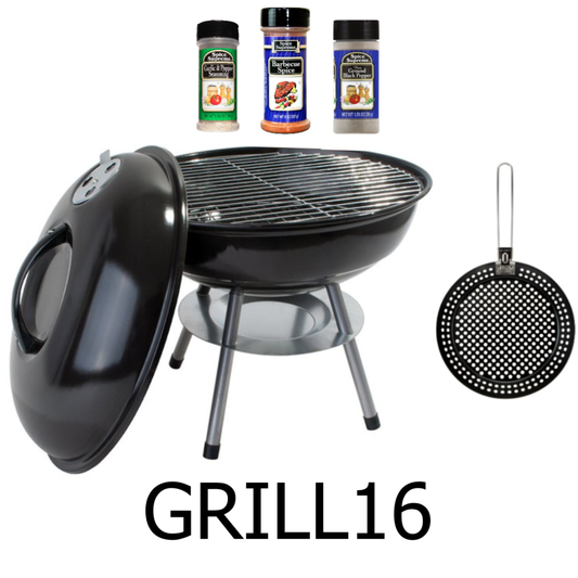 16" Round Portable BBQ Charcoal Grill Set (Free Gifts: Grilling Skillet & 3 Spices)