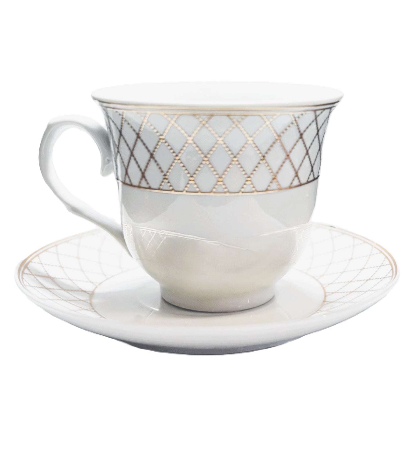 Porcelain Tea Cup and Saucer Set, White with Gold Diamond Pattern, 12 Pieces Set
