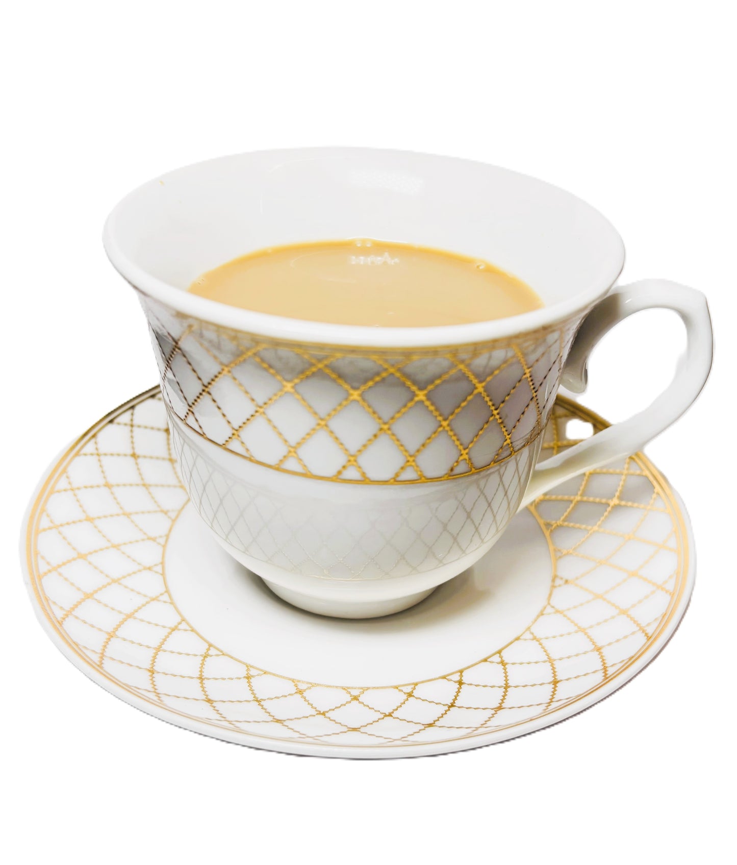 Porcelain Tea Cup and Saucer Set, White with Gold Diamond Pattern, 12 Pieces Set