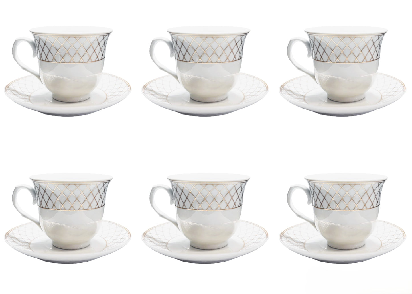 Porcelain Tea Cup and Saucer Set, White with Gold Diamond Pattern, 12 Pieces Set