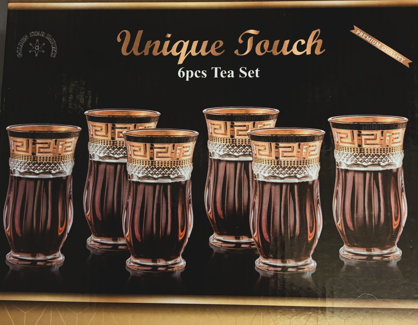 Unique Touch 6pcs Tea Set, Premium Quality, Greek Gold Key Pattern, Crystal Glass