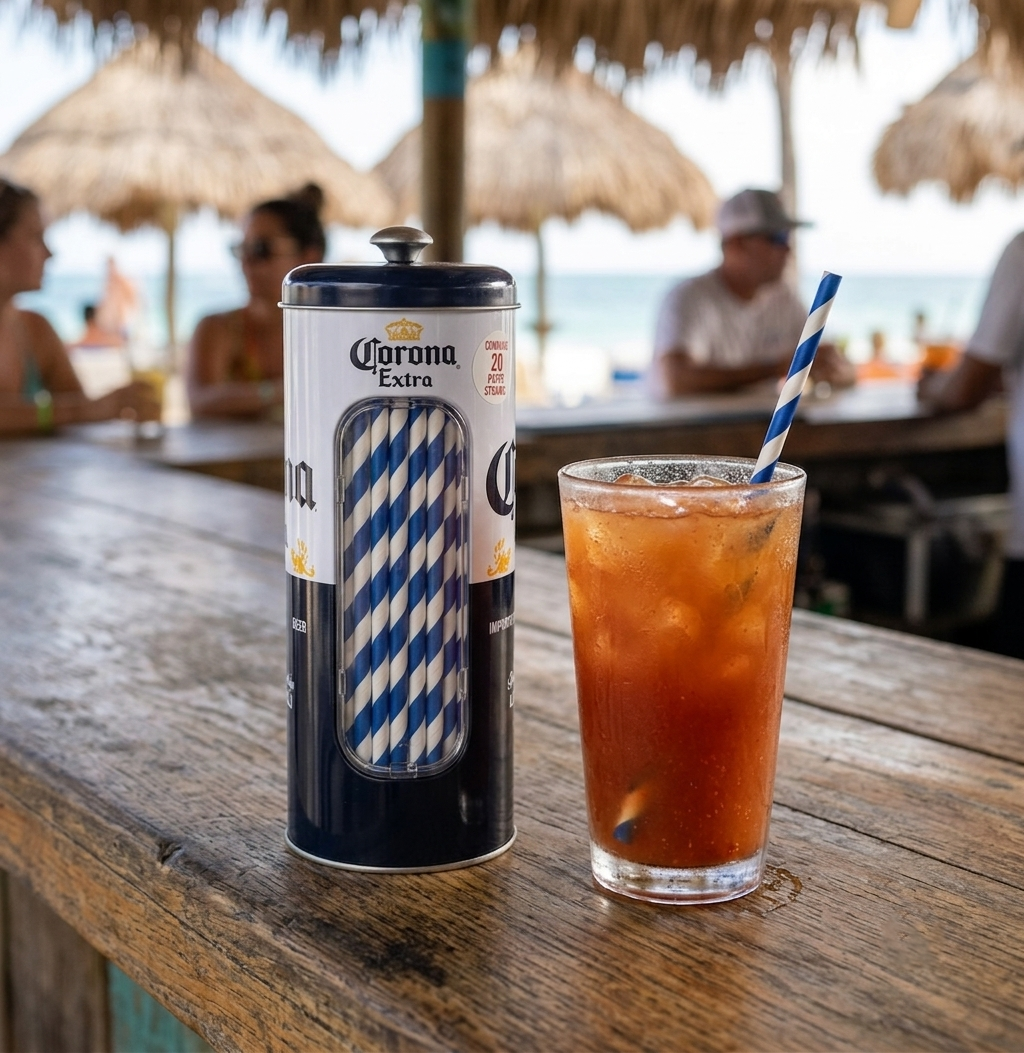 Corona Straw Dispenser with 20 Count Paper Straws-Dispensador de Popotes Corona