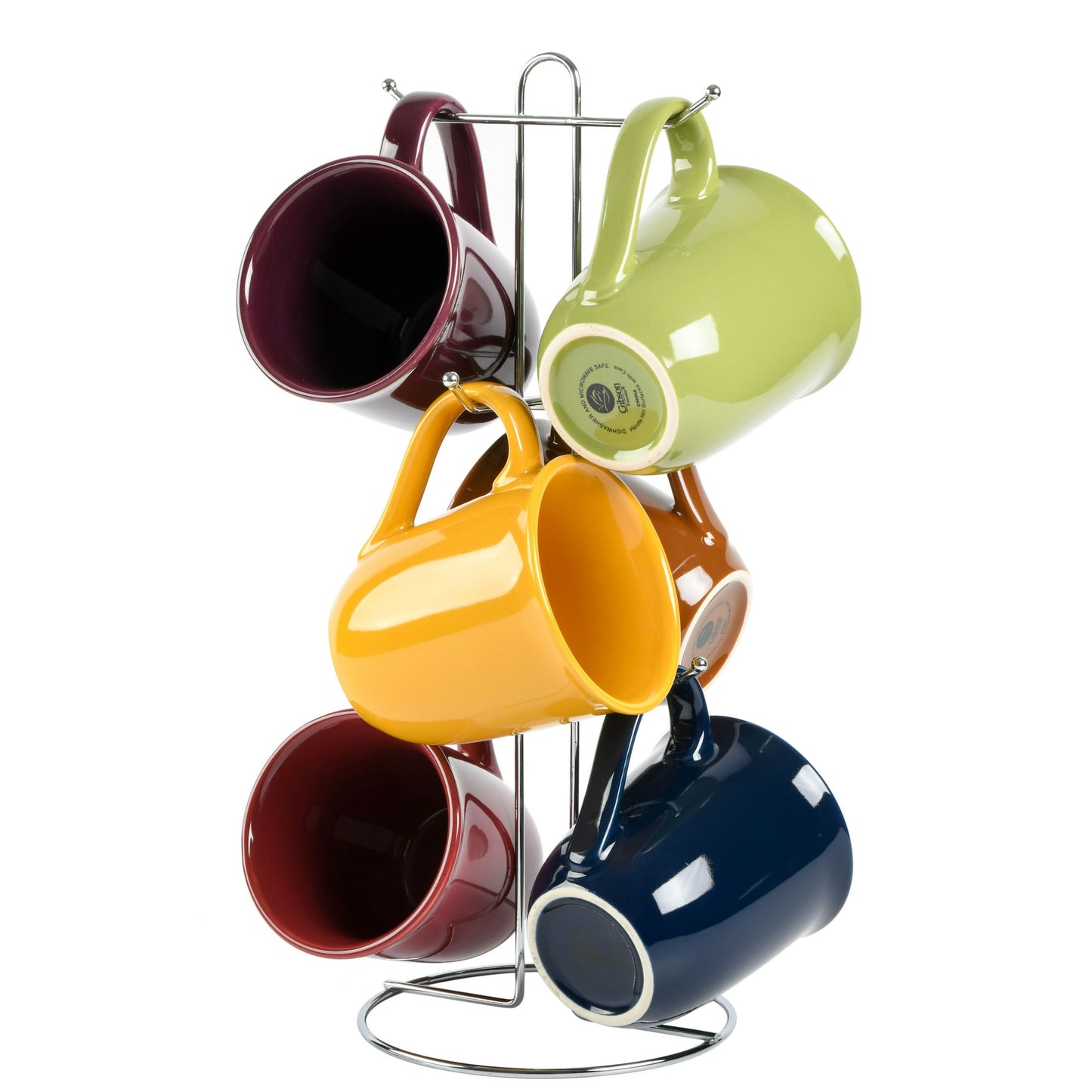 7 PC Gibson Home Everyday Contempo Hues Assorted Ceramic 15-Ounce Mug Set with Rack