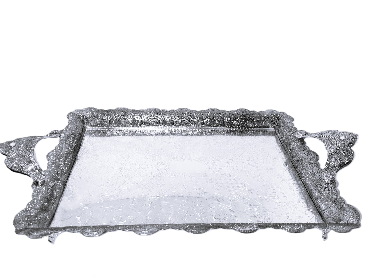 Decorative Serving Tray with Handles, Silver, Ornate Scalloped Border, Rectangular Shape