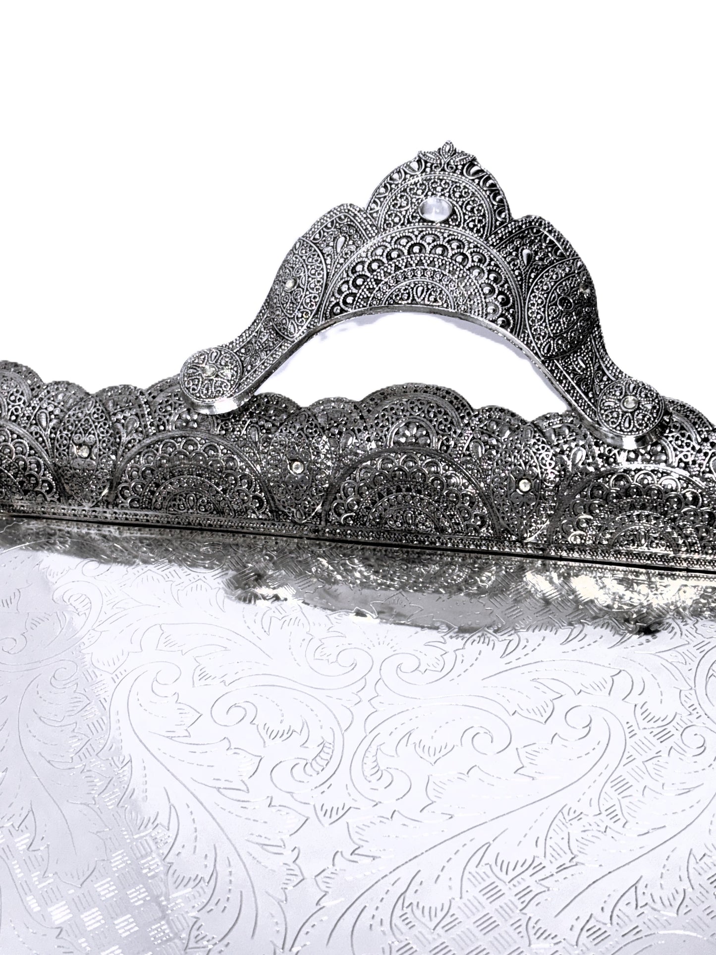 Decorative Serving Tray with Handles, Silver, Ornate Scalloped Border, Rectangular Shape