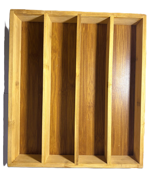 Bamboo Drawer Organizer, 4 Compartment Divider, Natural Wood Finish, Kitchen Utensil Storage