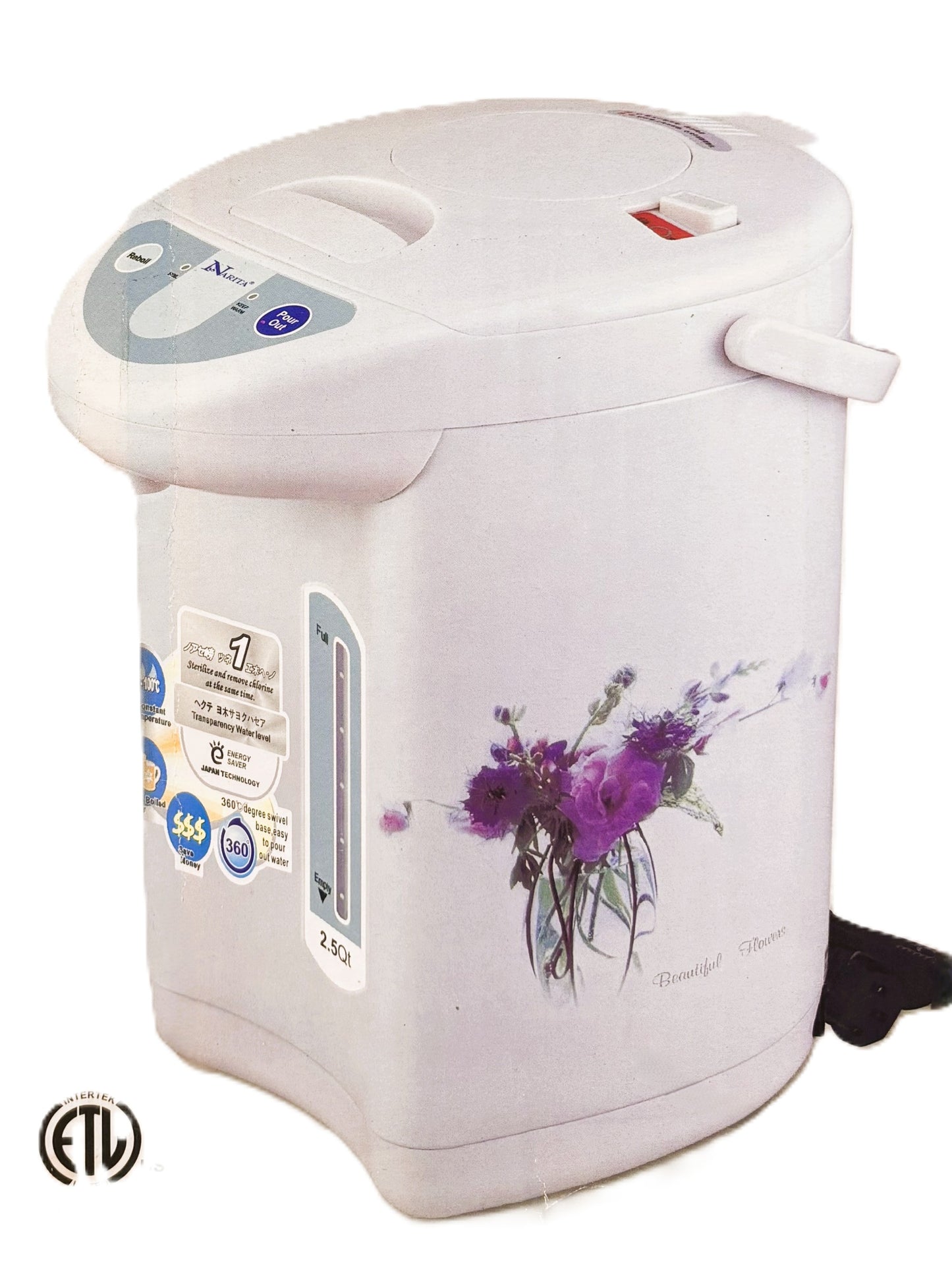 NARITA Electric Air Pot, 2.5Qt, Model NWP-255F, 3 Way Water Dispenser, Stainless Steel Inner Pot, 360 Degree Rotating Base