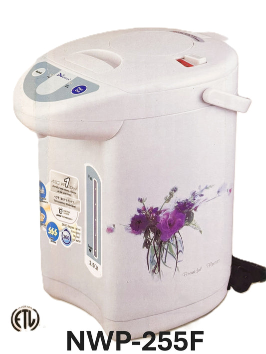NARITA Electric Air Pot, 2.5Qt, Model NWP-255F, 3 Way Water Dispenser, Stainless Steel Inner Pot, 360 Degree Rotating Base