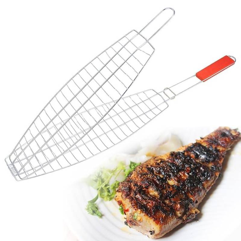 Fish Cooking Mesh 1 Fish BBQ Grill Basket Wire Mesh Grilling Net with Long Wooden Handle ...