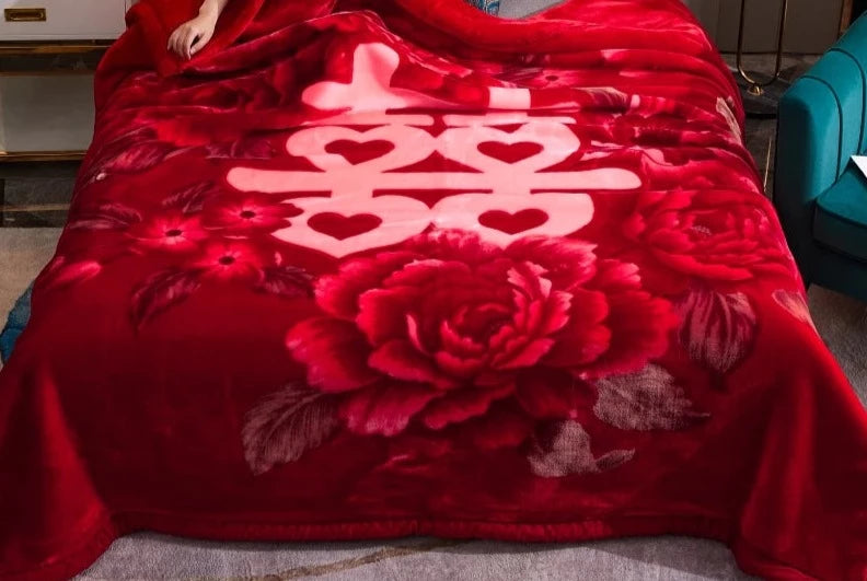 Queen Size Red Heart Korean Mink Heavy, Fleece Plush, 2 Ply Reversible Raschel Bed Blanket