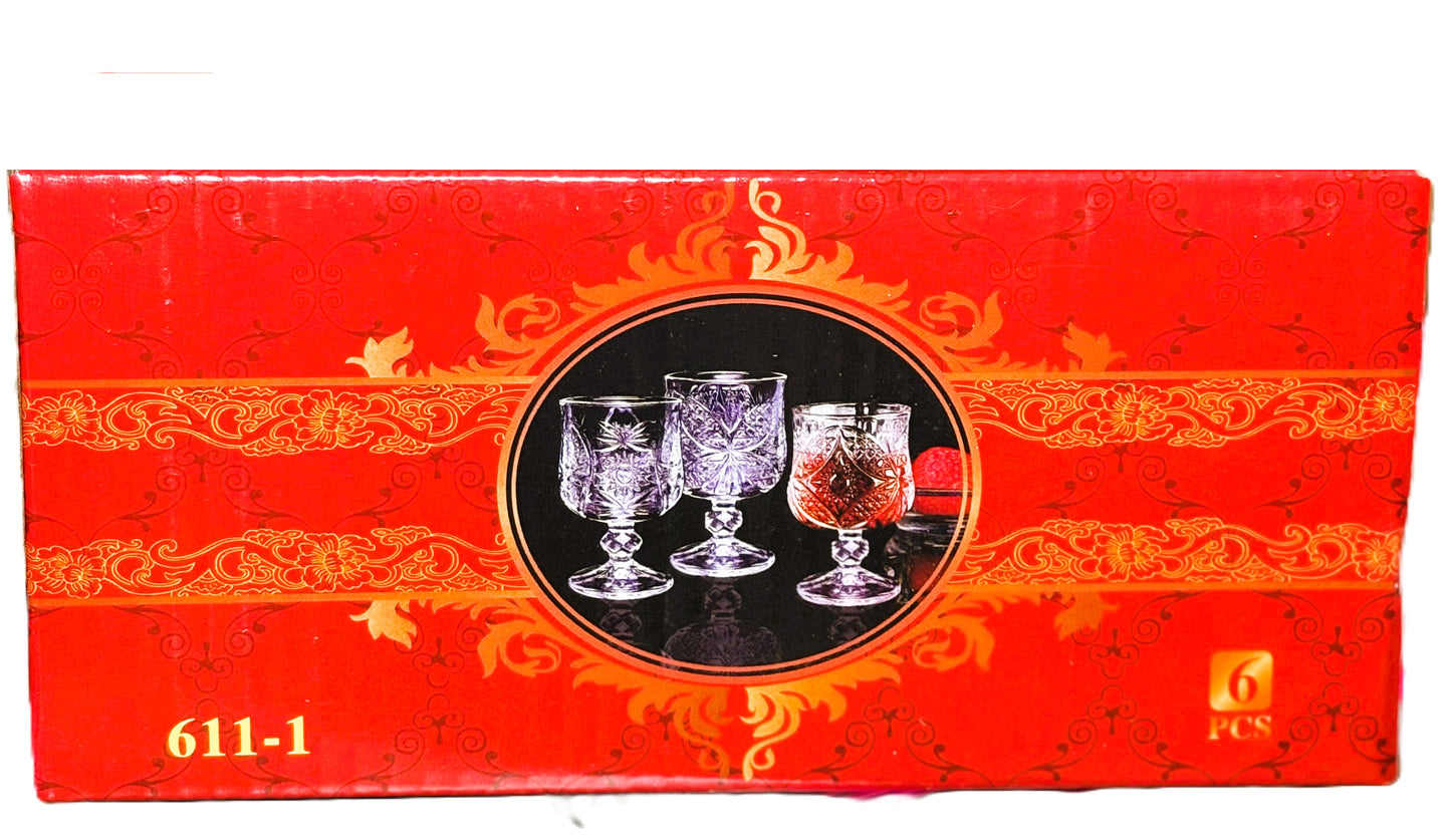 Crystal Cut Glass Goblets Set, Footed Stemware with Starburst Pattern, Vintage Style Drinkware, 6 Piece