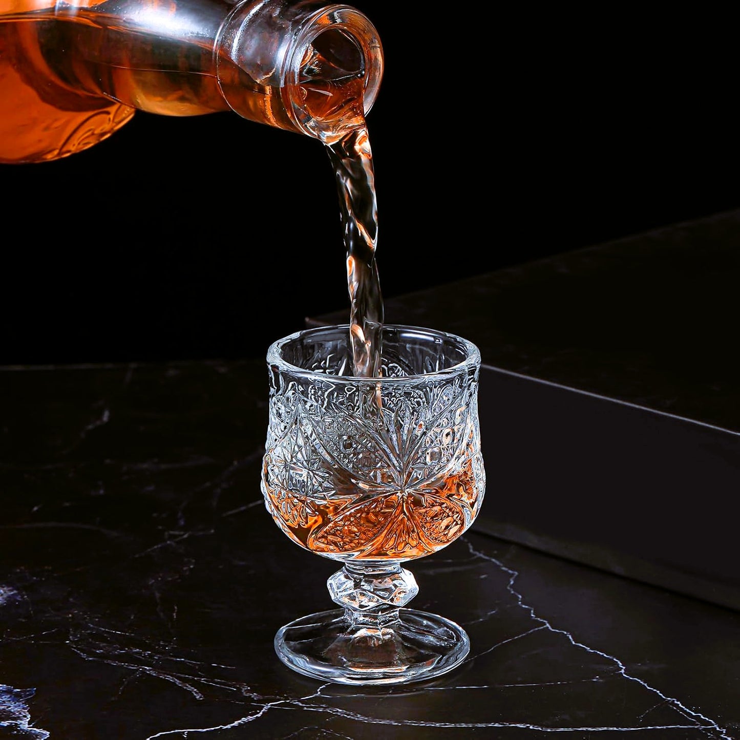Crystal Cut Glass Goblets Set, Footed Stemware with Starburst Pattern, Vintage Style Drinkware, 6 Piece