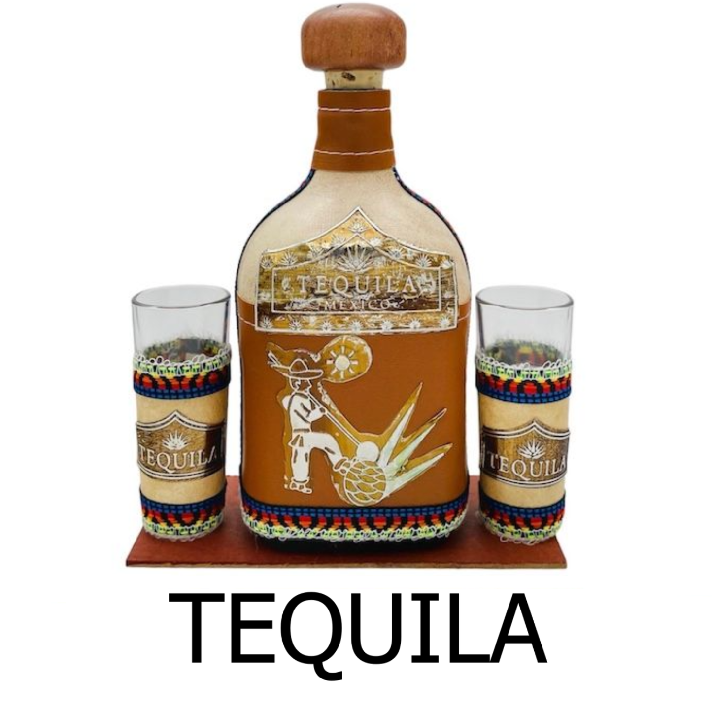 La Mexicana Leather Pachita with 2 Tequila Shot Glasses Set