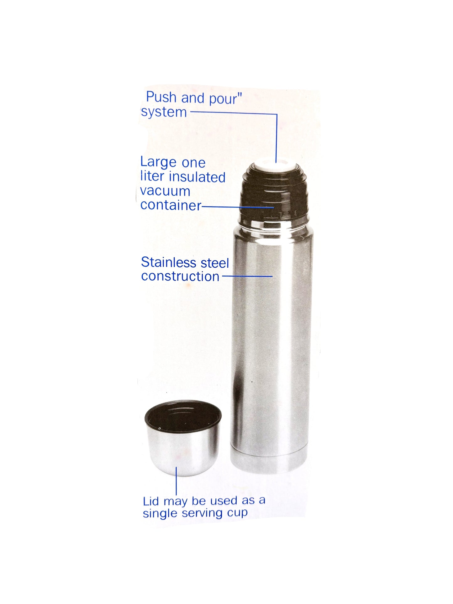 Stainless Steel Vacuum Insulated Thermos Flask, Silver, Bullet Shape 1Lt