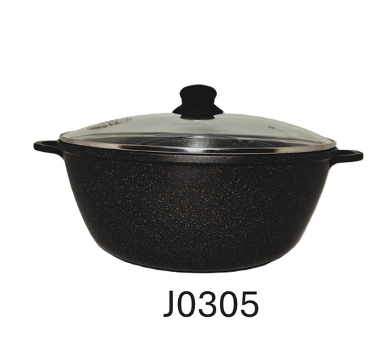 Non-Stick Dutch Oven with Glass Lid, Black Granite Finish, Large Casserole Pot with Handles 24 CM