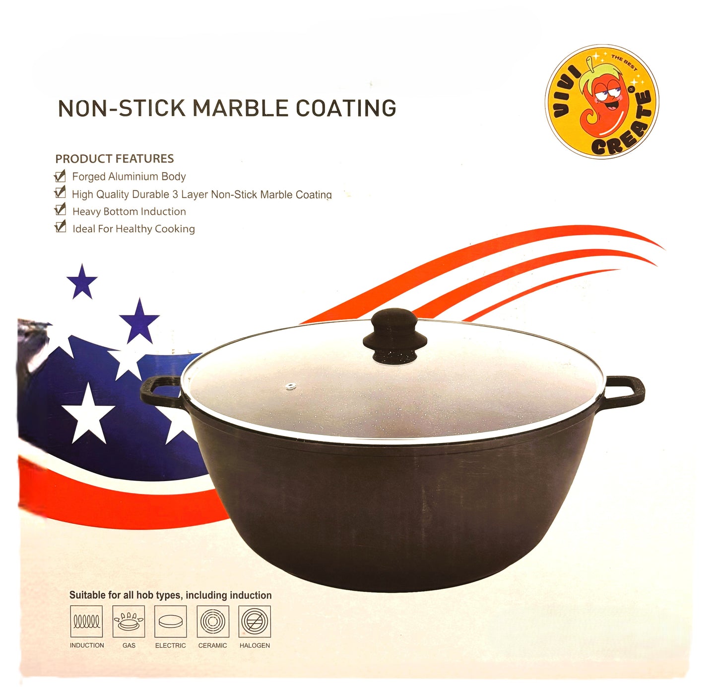 Non-Stick Dutch Oven with Glass Lid, Black Granite Finish, Large Casserole Pot with Handles 30 CM
