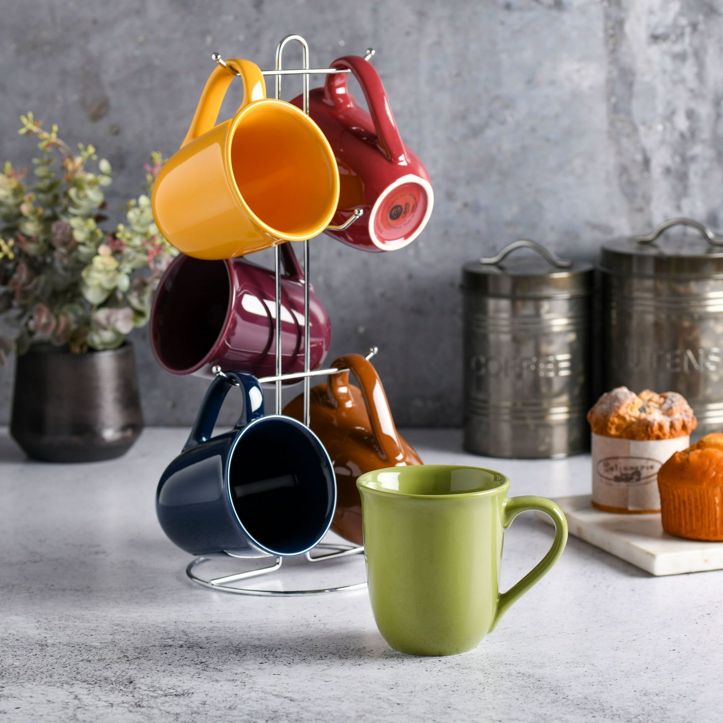 7 PC Gibson Home Everyday Contempo Hues Assorted Ceramic 15-Ounce Mug Set with Rack